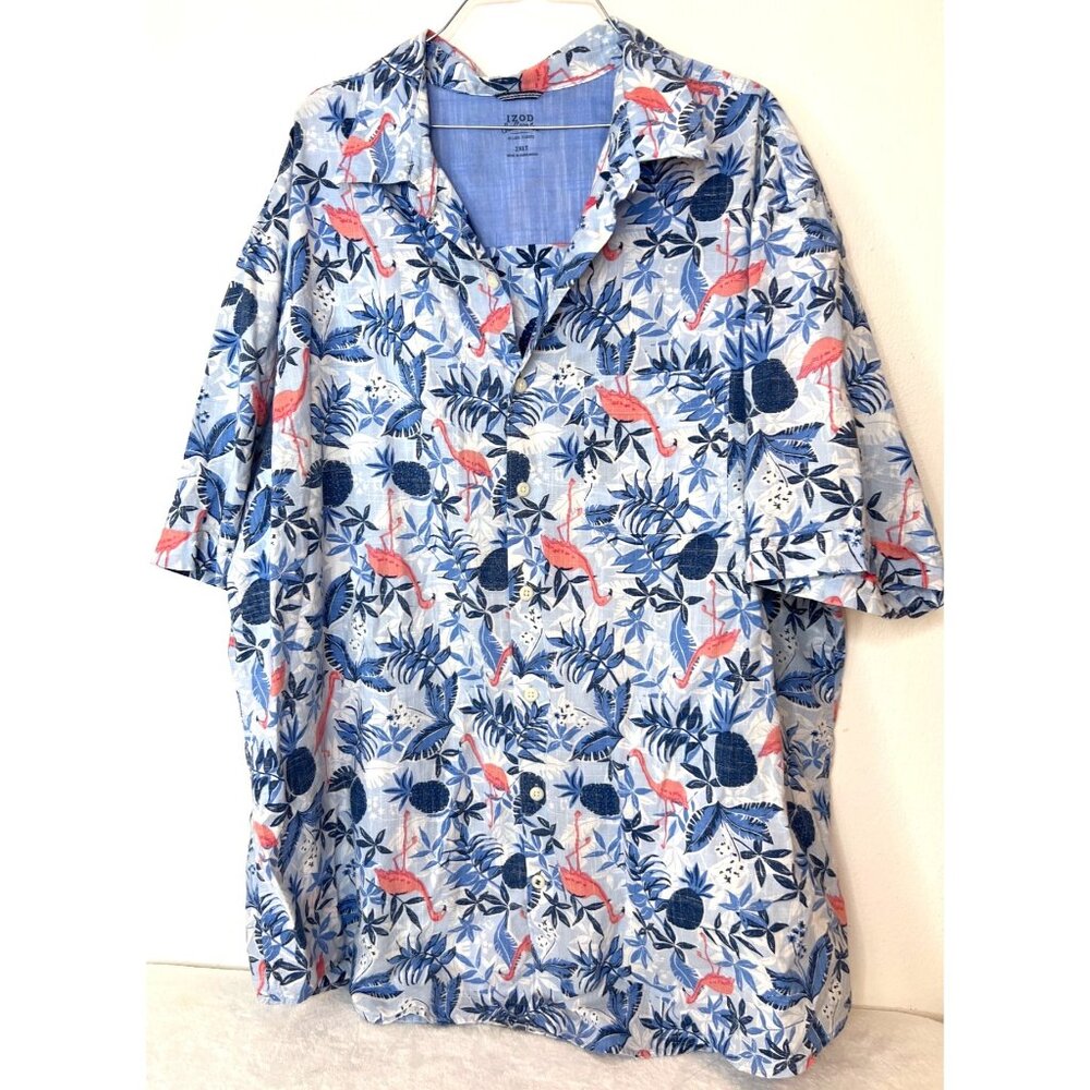 IZOD Saltwater Shirt Mens 2XLT Tall XXL Blue Flamingo Print Hawaiian Shirt